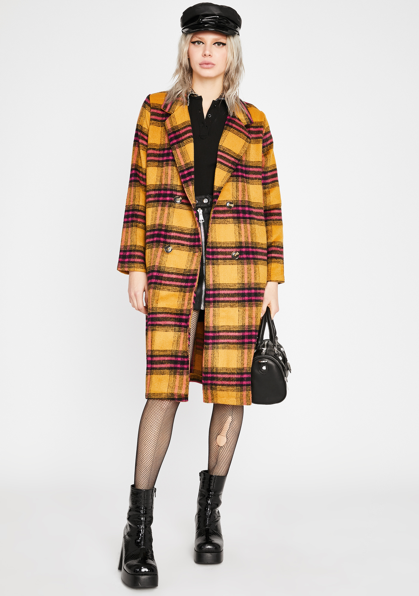 Plaid Double Breasted Long Trench Coat Mustard Yellow | Dolls Kill
