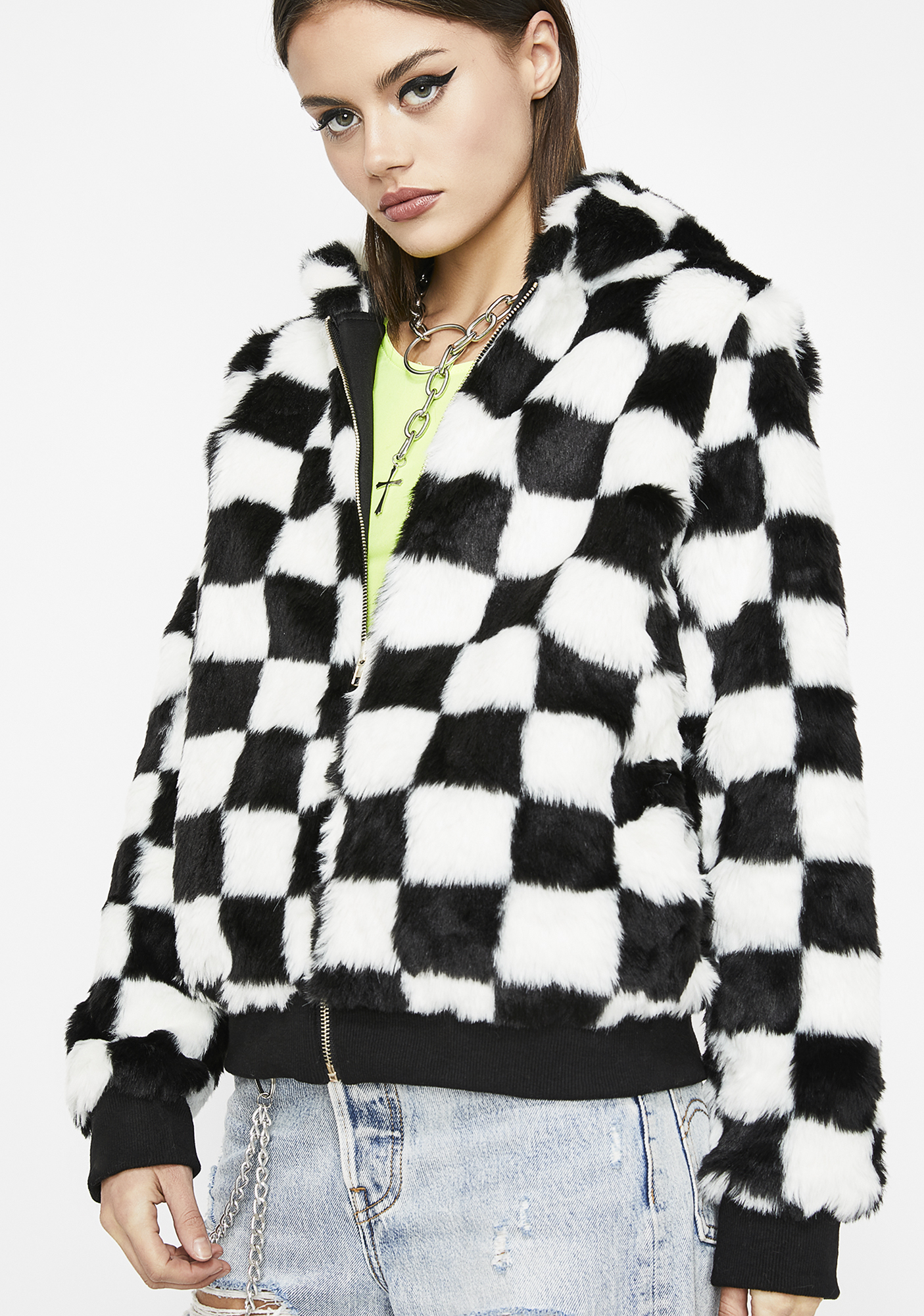 checkerboard fur coat
