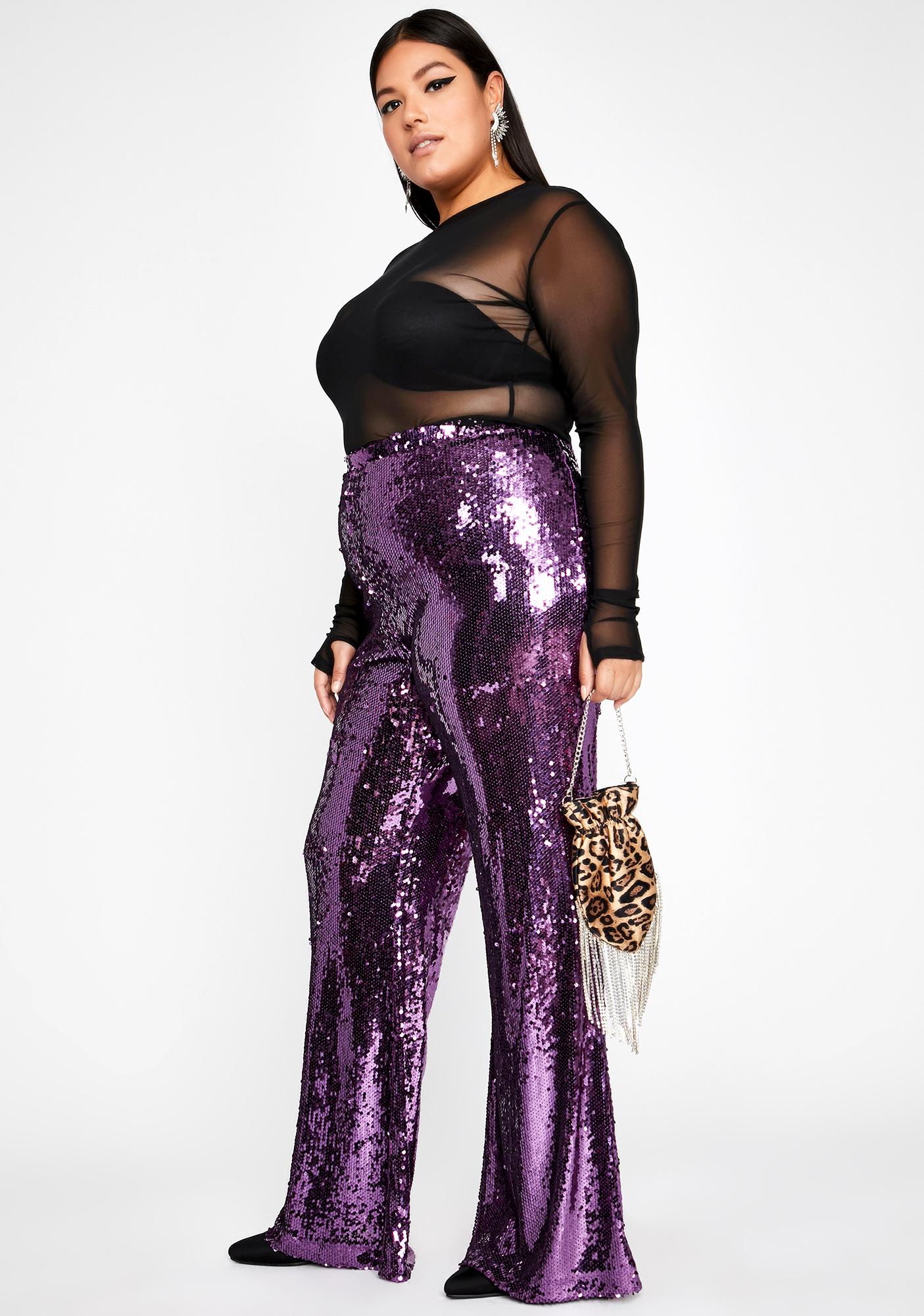 Plus Size Purple Sequin Flare Pants | Dolls Kill