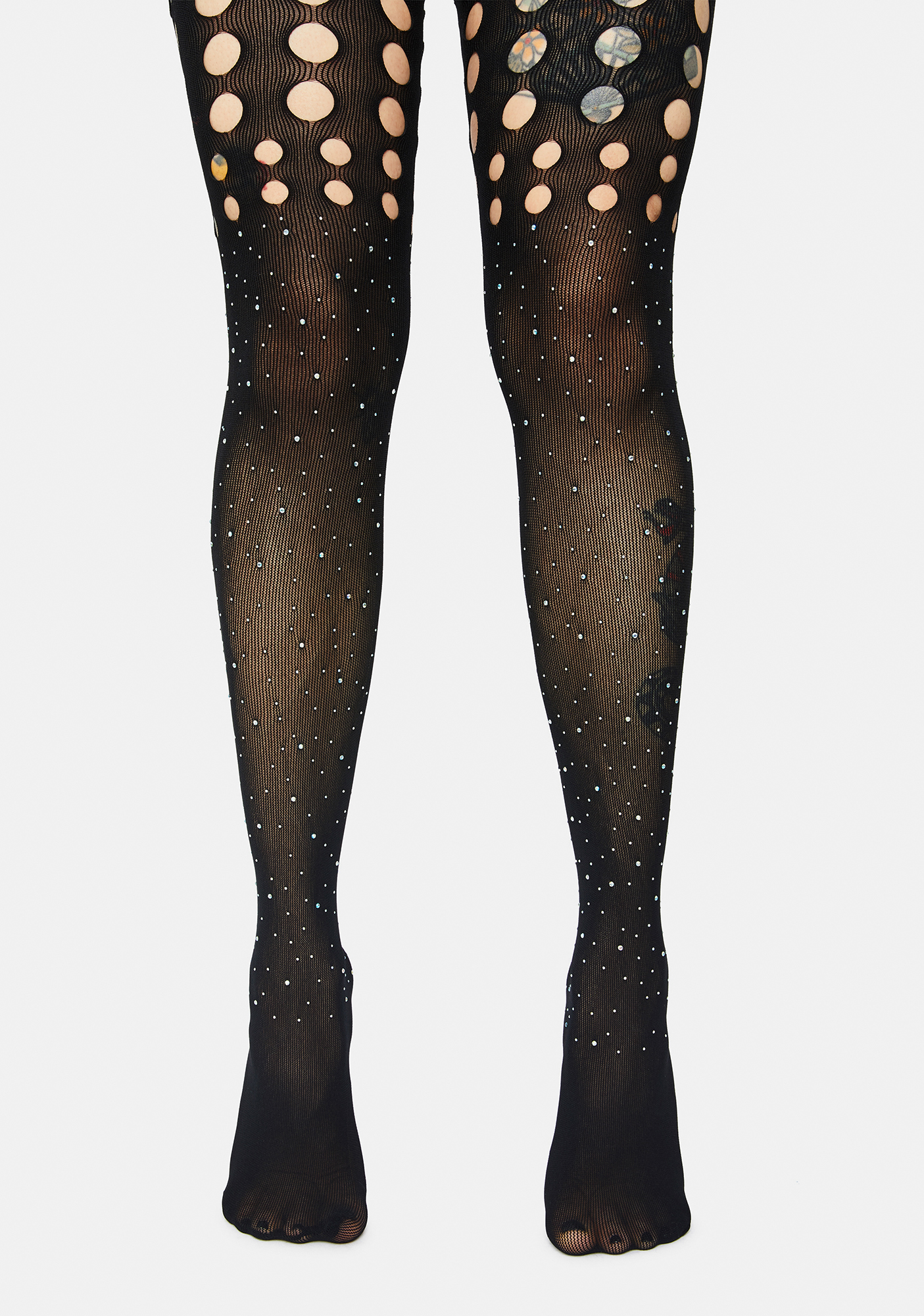 Circle Cutout Rhinestone Tights Black Dolls Kill
