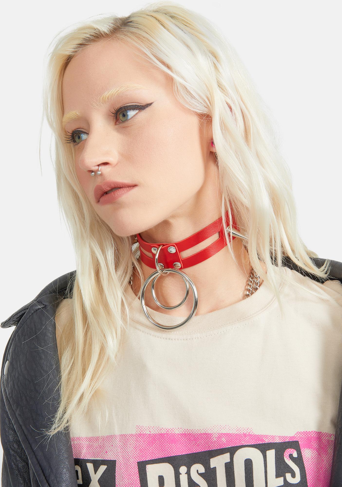 Choker With Double O Ring And Spikes Red Dolls Kill