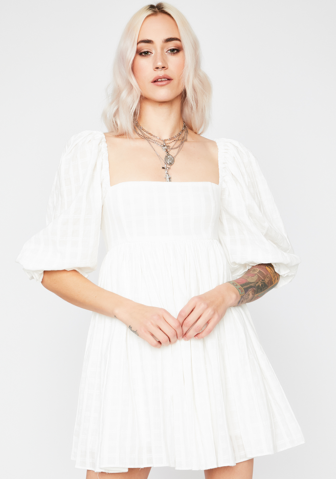 Puff Sleeves Babydoll Mini Dress White Dolls Kill