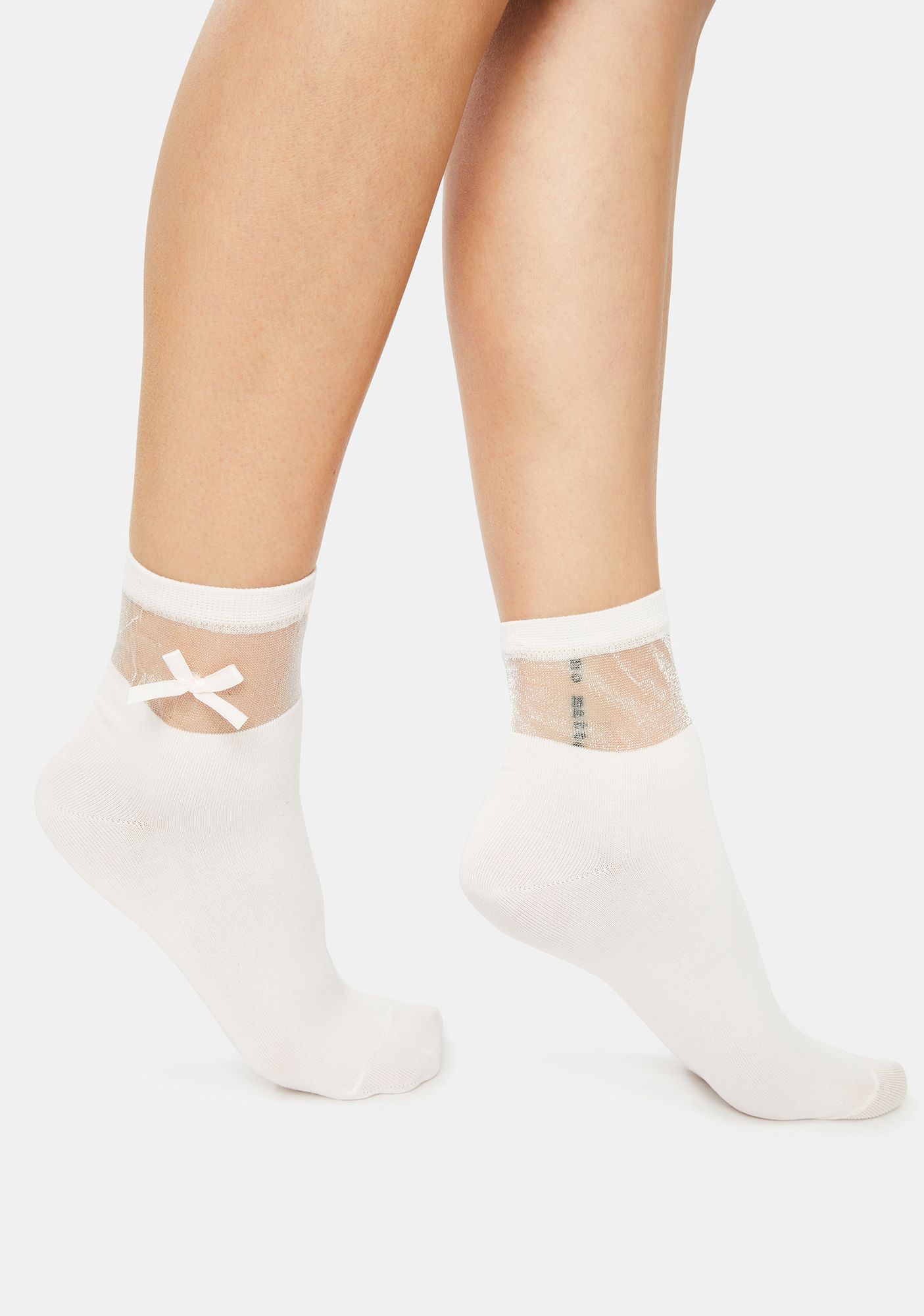 Sheer Panel Bow Detail Crew Socks Light Pink Dolls Kill