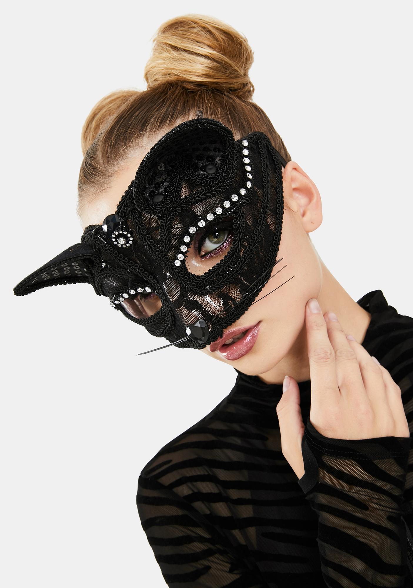 Halloween Lace Cat Masquerade Mask - Black | Dolls Kill