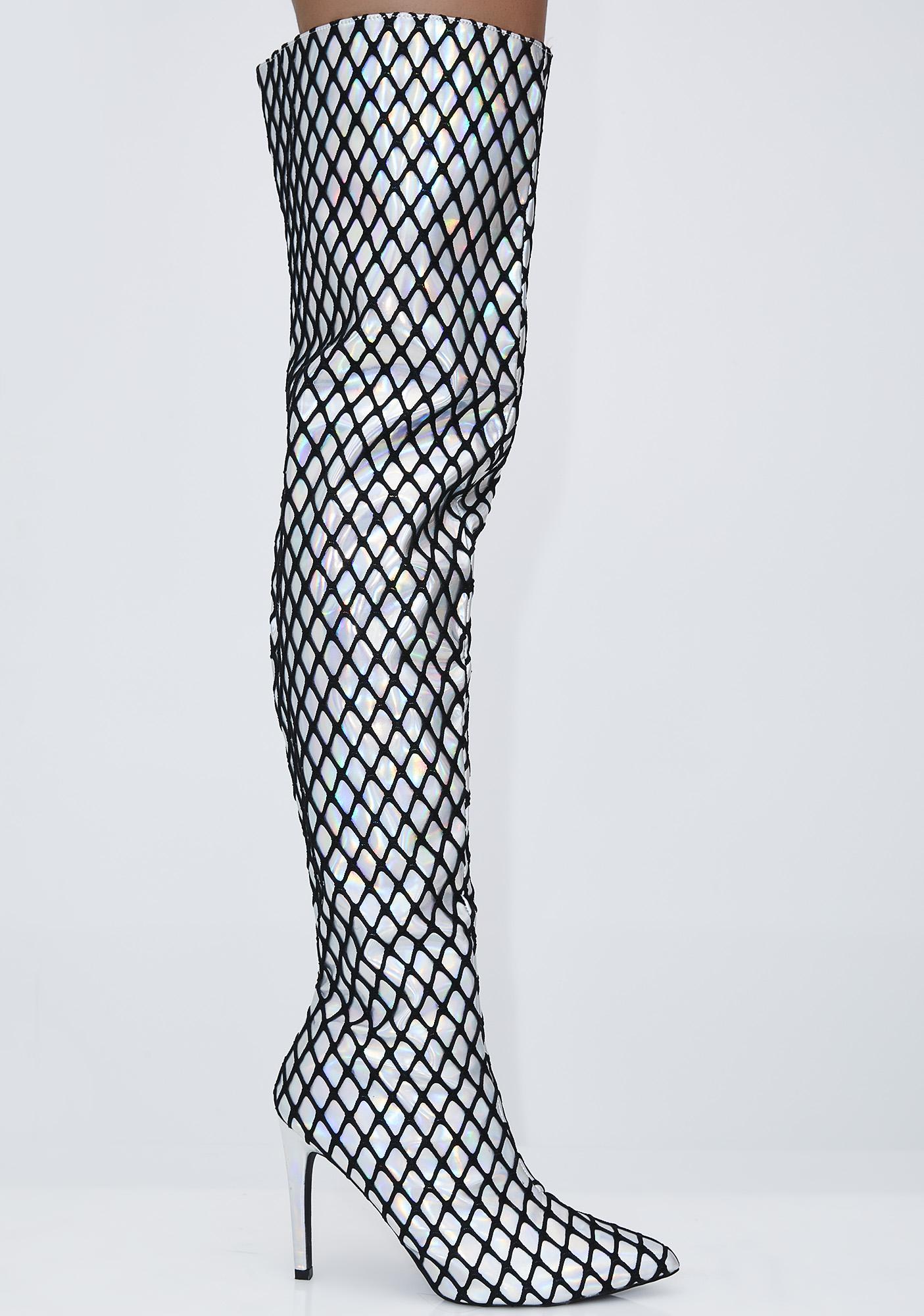 Thigh High Fishnet Holographic Boots 