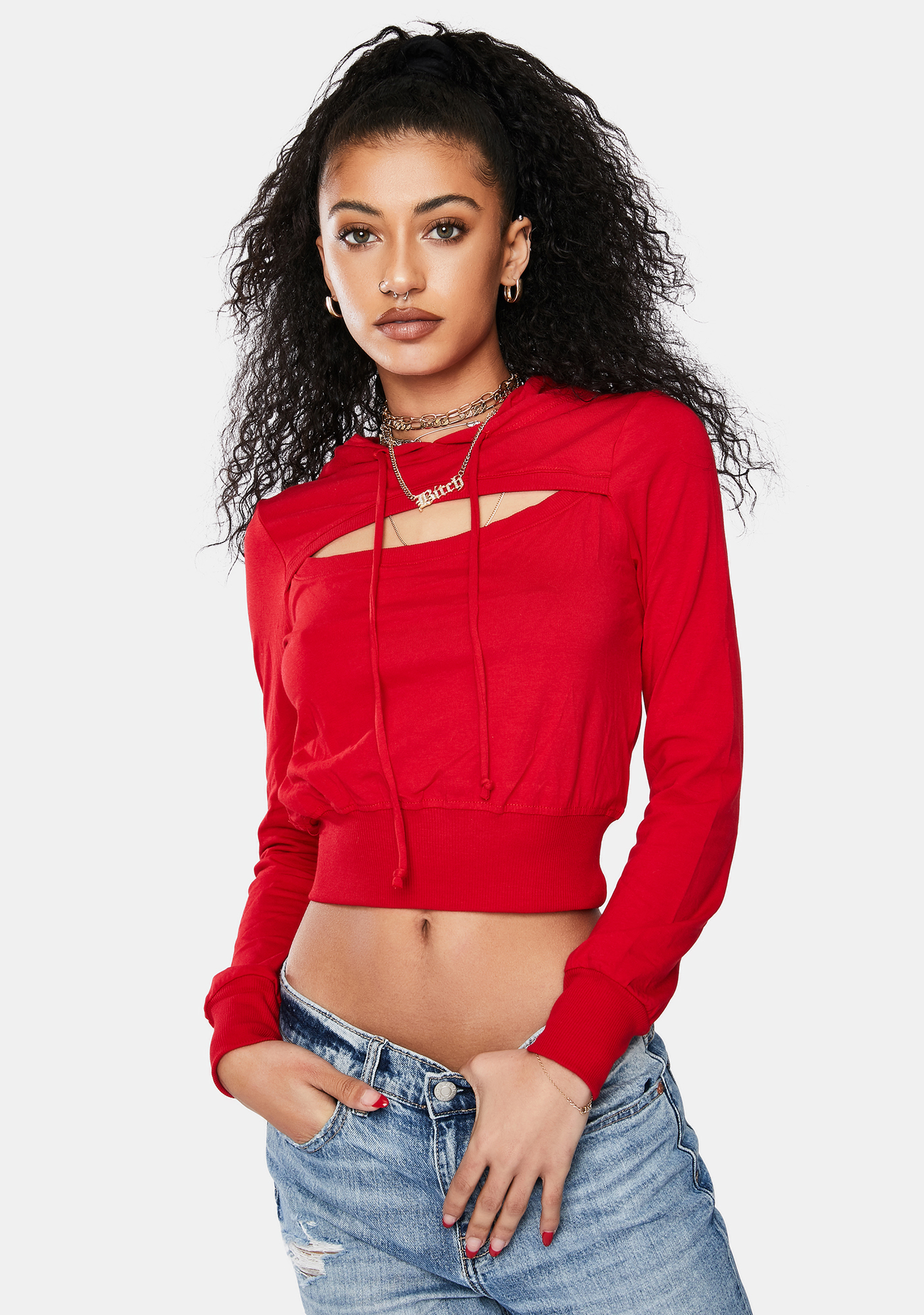 Cut Out Long Sleeve Hoodie Crop Top Red Dolls Kill