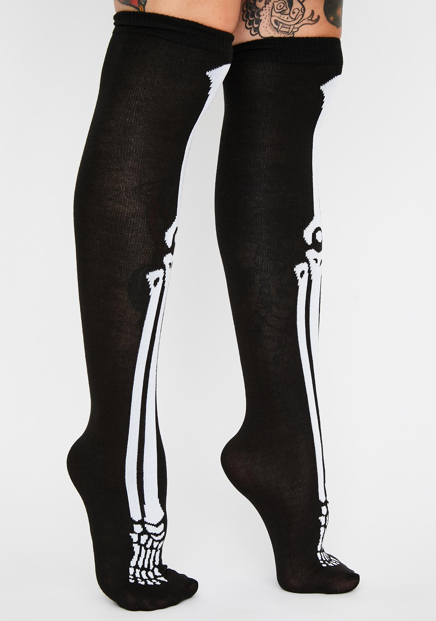 Skeleton Print Acrylic Thigh High Socks | Dolls Kill