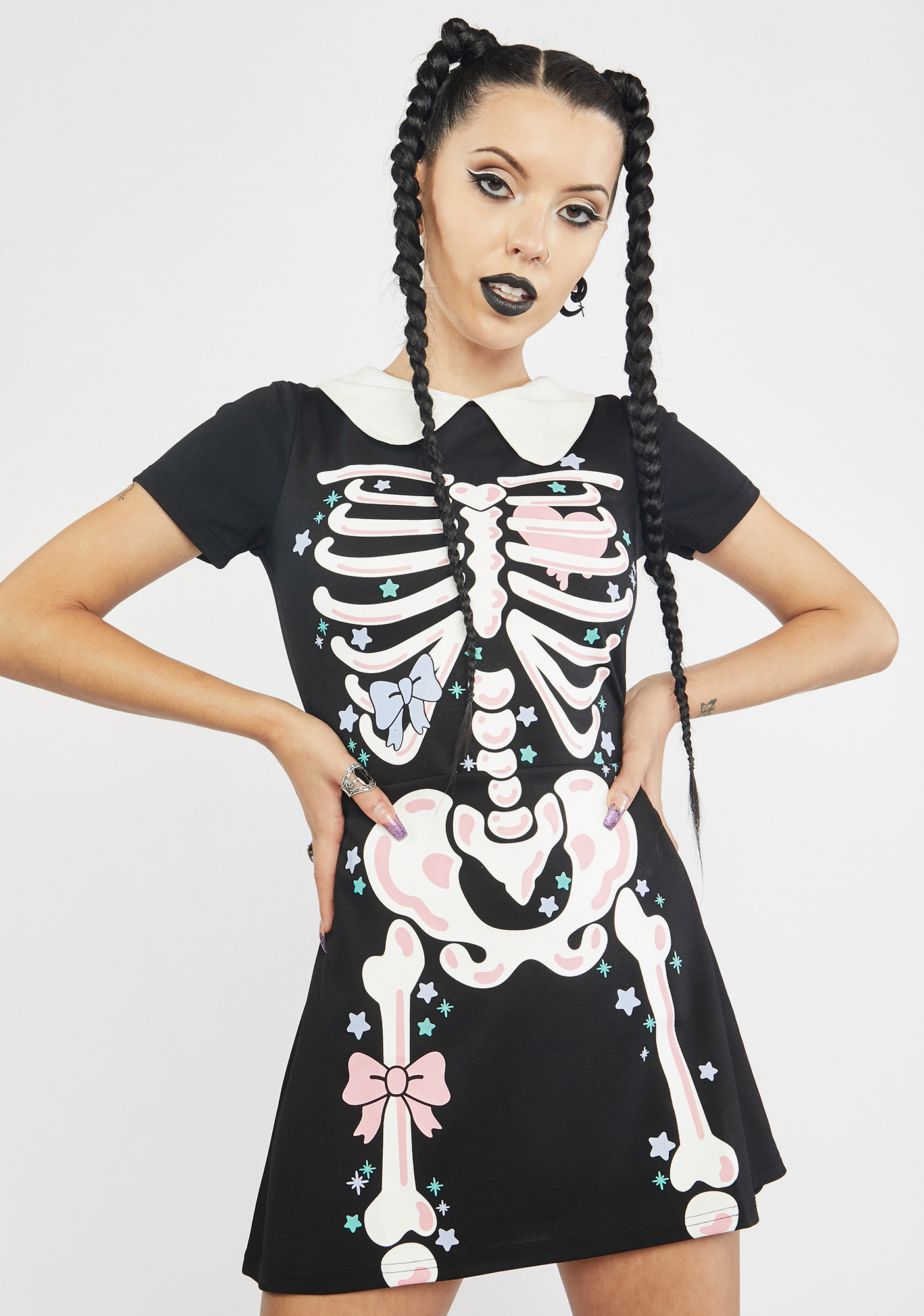 Trickz N' Treatz Kawaii Skeleton Collared Mini Dress Black Dolls Kill