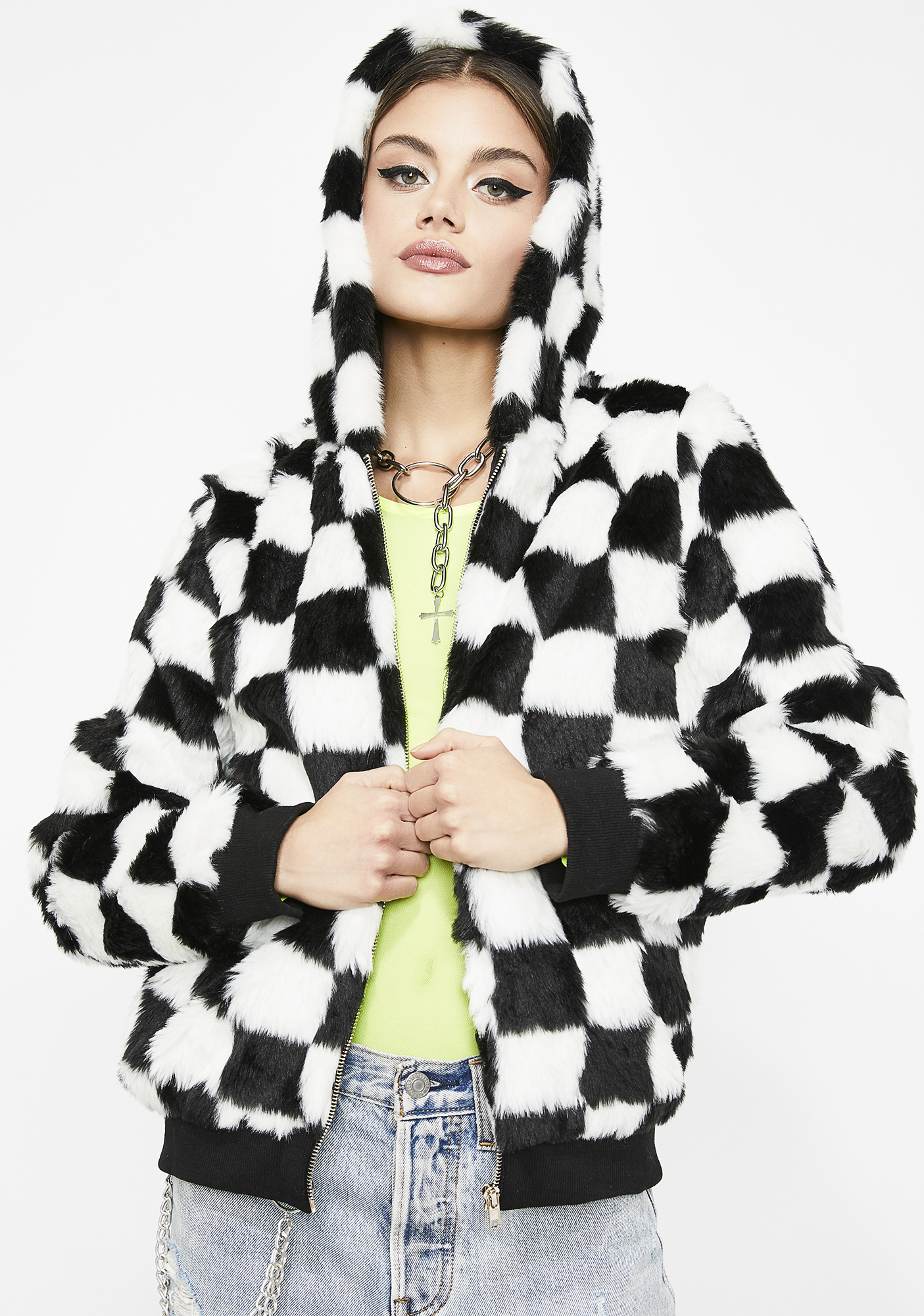 checkered fluffy jacket