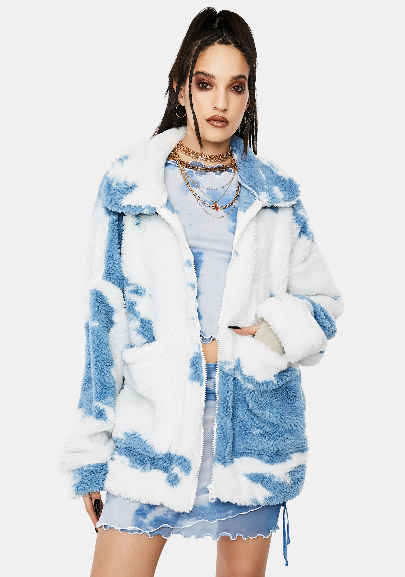 Jaded London Cloud Print Teddy Fleece Oversized Jacket Dolls Kill