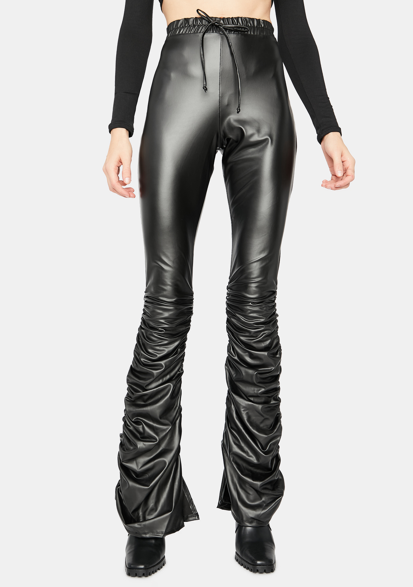 Ruched High Waisted Drawstring Flare Leggings Black Dolls Kill