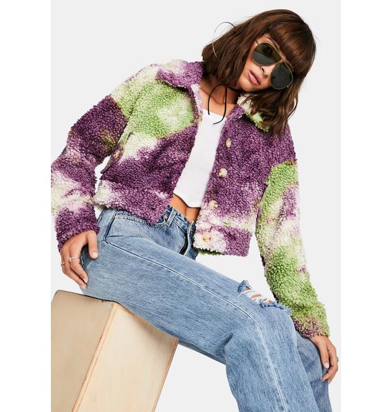 Tie Dye Cropped Button Up Sherpa Jacket Purple/Green Dolls Kill