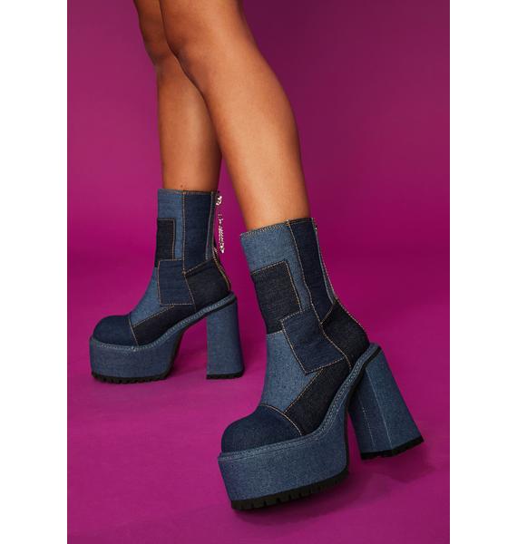 Dolls Kill x Bratz Patchwork Denim Platform Boots Blue