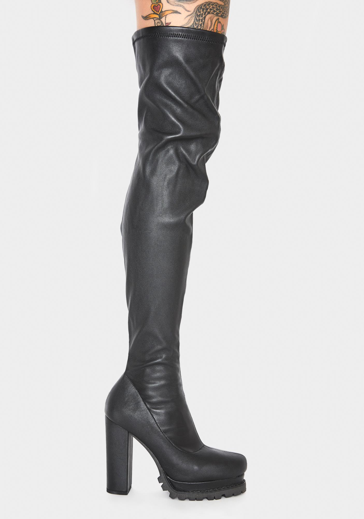 black pu thigh high boots