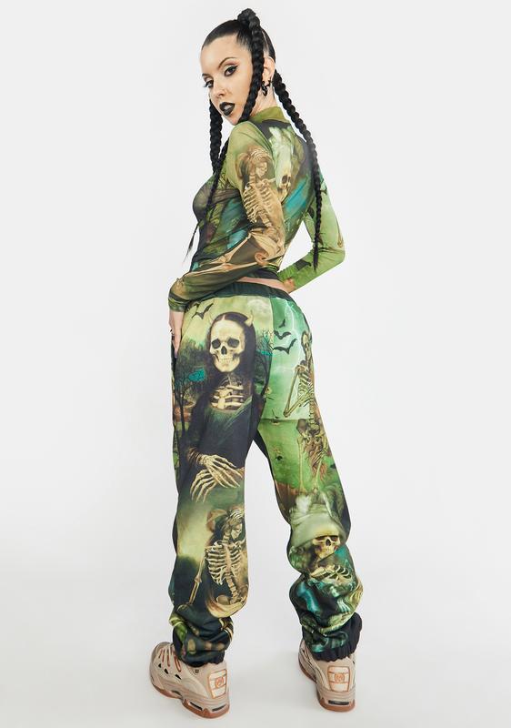 Trickz N Treatz Skeleton Renaissance Art Print Sweatpants | Dolls Kill