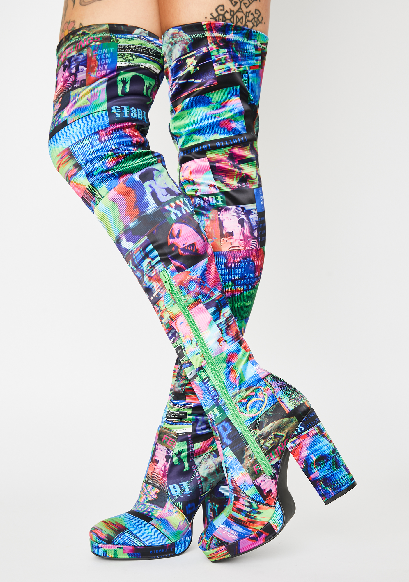 Horoscopez Glitch Print Thigh High Boots Dolls Kill