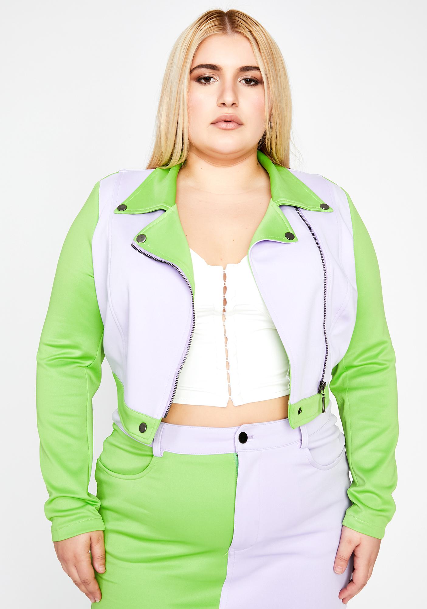 Plus Size Colorblock Moto Jacket - Lavender Green | Dolls Kill