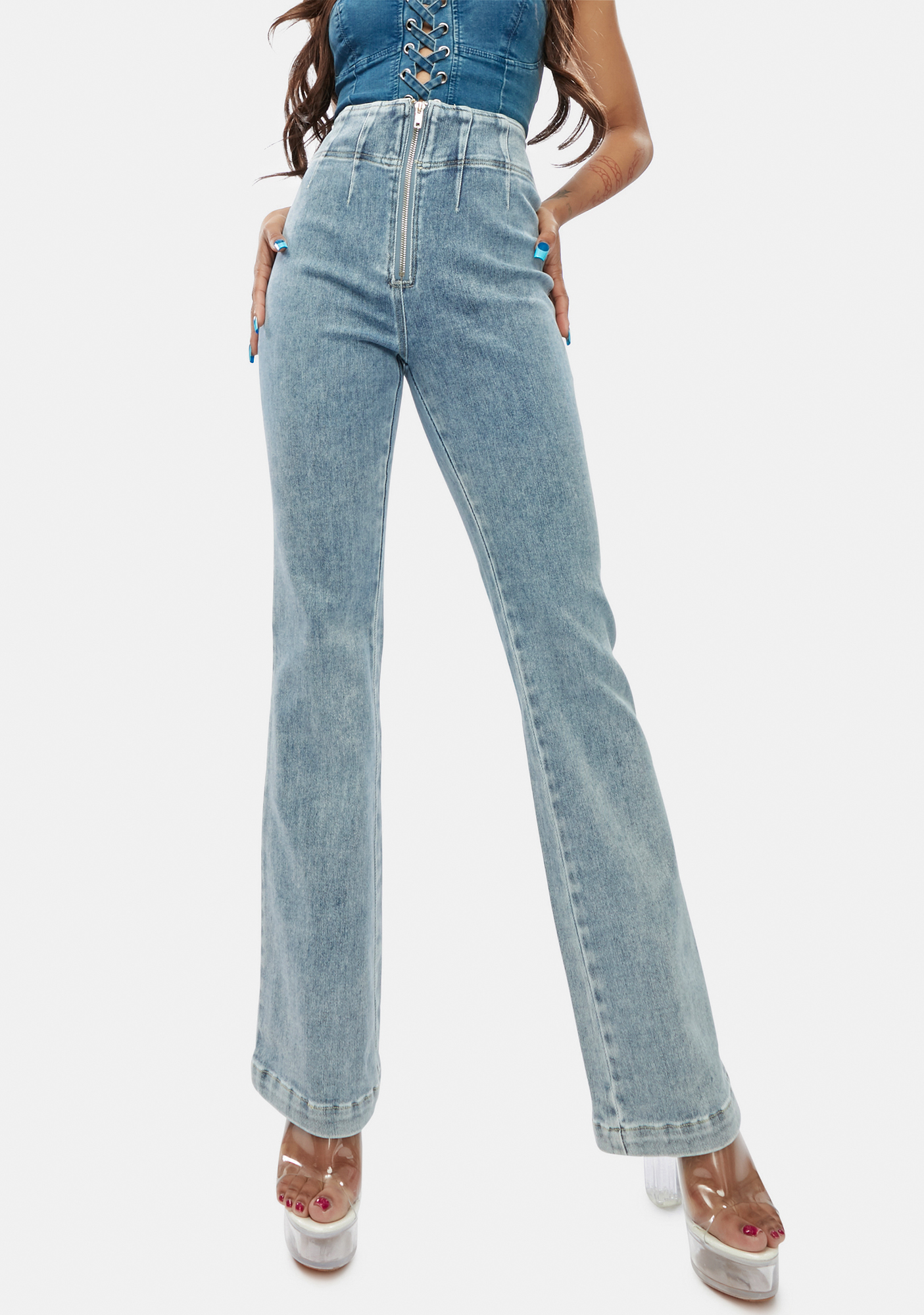 blue high waisted flared jeans