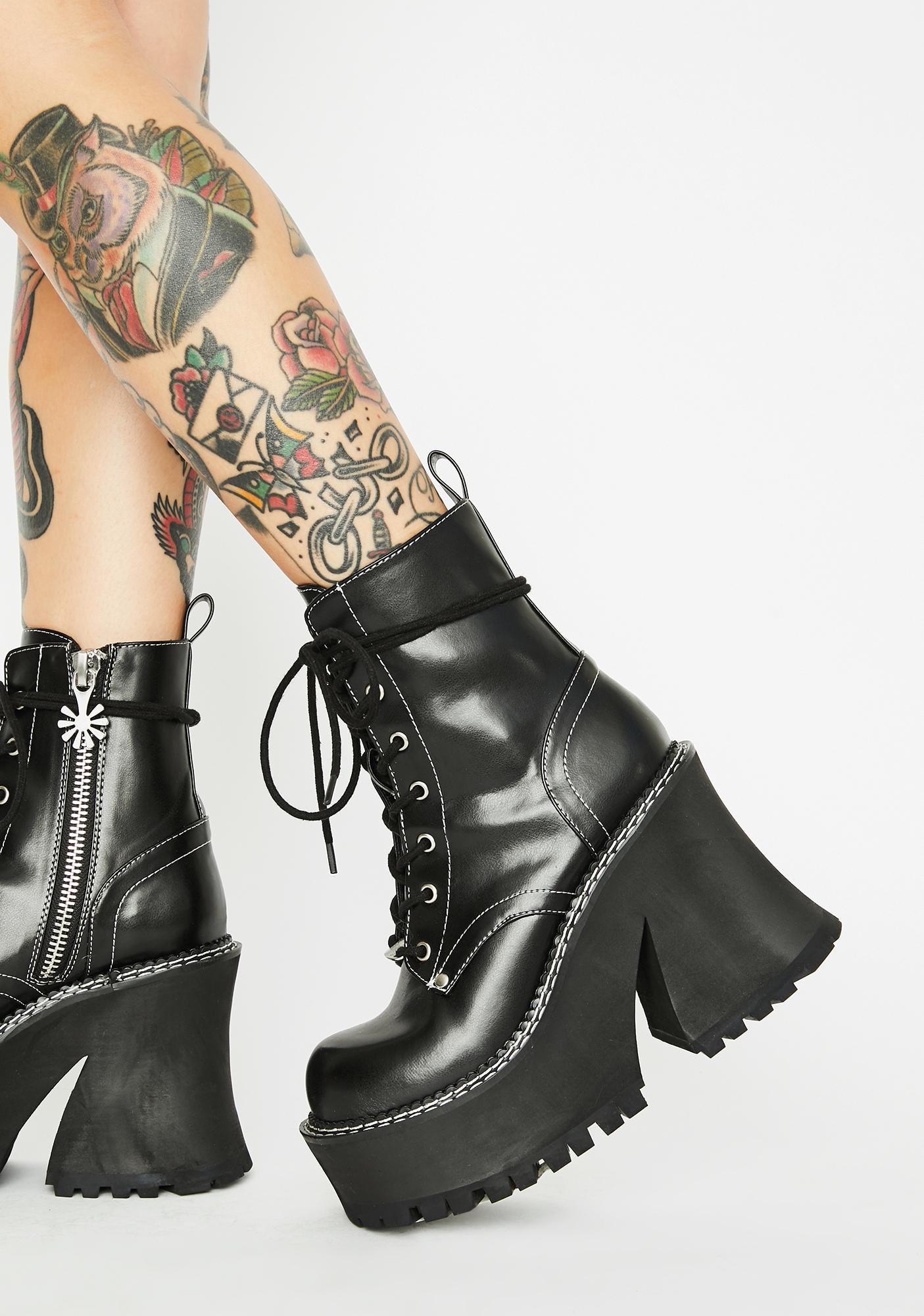Vegan Leather Platform Heel Boots Black 