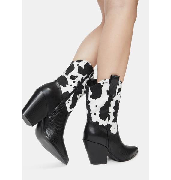 Cow Print Cowboy Ankle Heeled Boots  Black  Dolls Kill