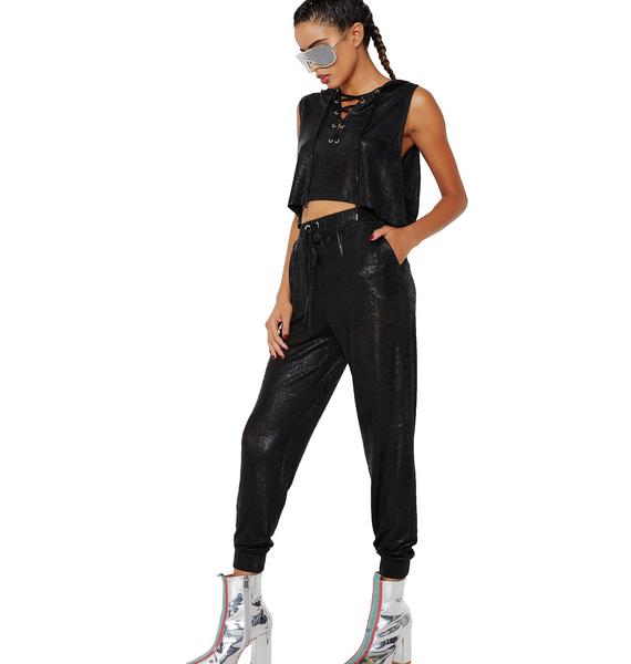 black shiny joggers