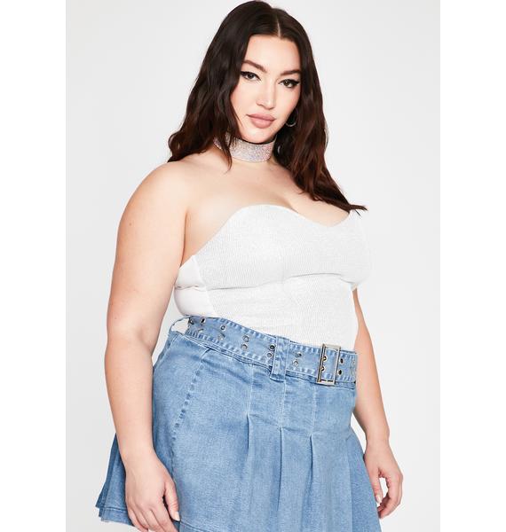 Plus Size Rhinestone Strapless Bustier Crop Top Sparkle Glitter White