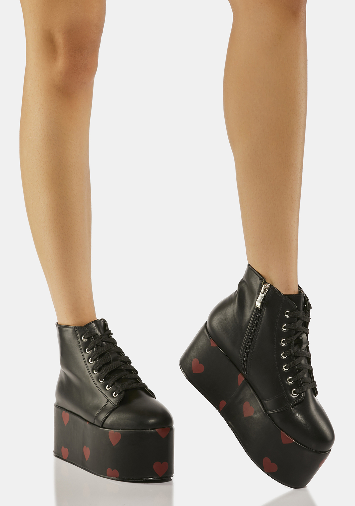 Vegan Leather Lace Up Heart Print Platform Ankle Boots - Black/Red ...