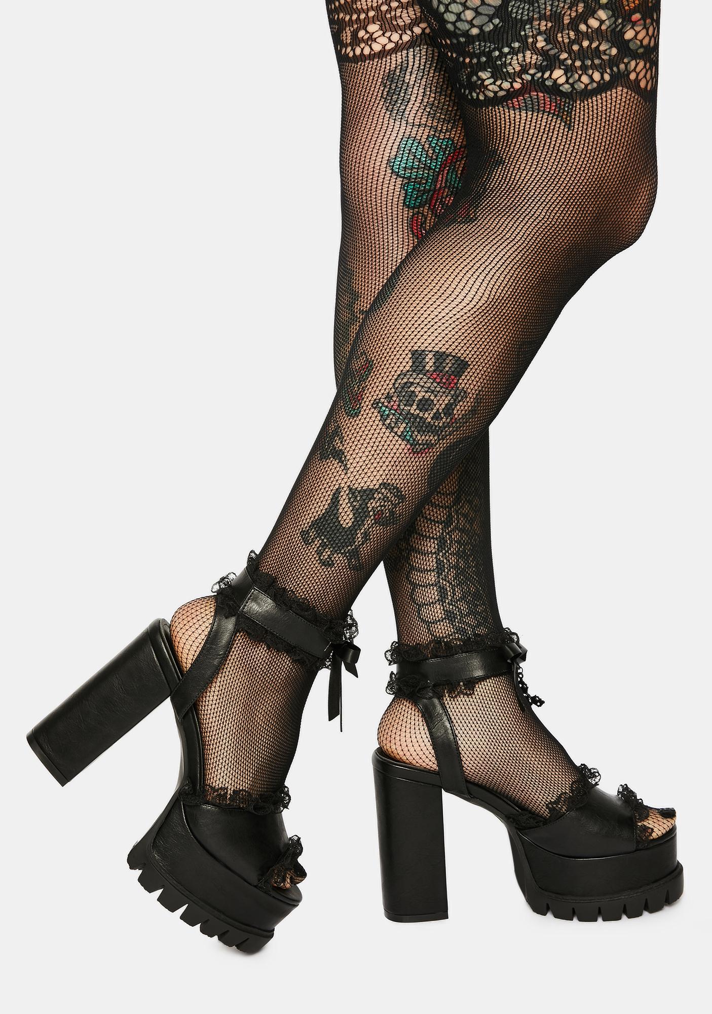Widow Fairy Lace Ruffle Platform Sandals - Black | Dolls Kill