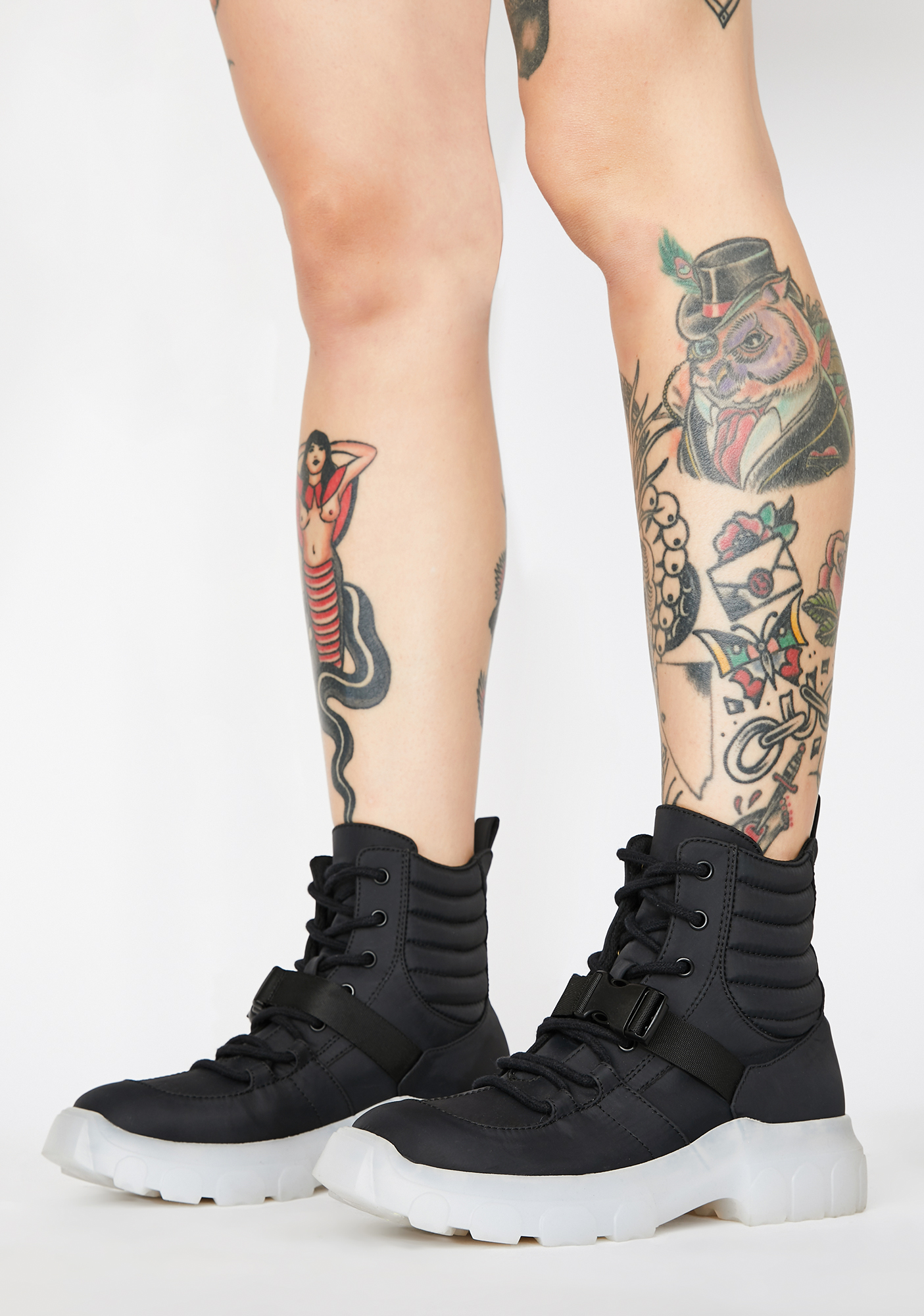 Poster Grl Buckle Strap Lace Up Combat Boots Black White Dolls Kill