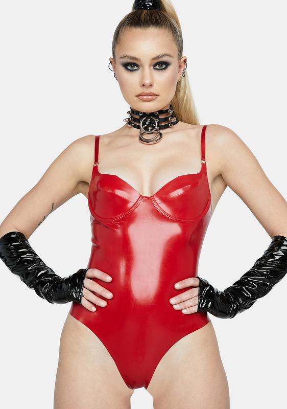 red latex body suit