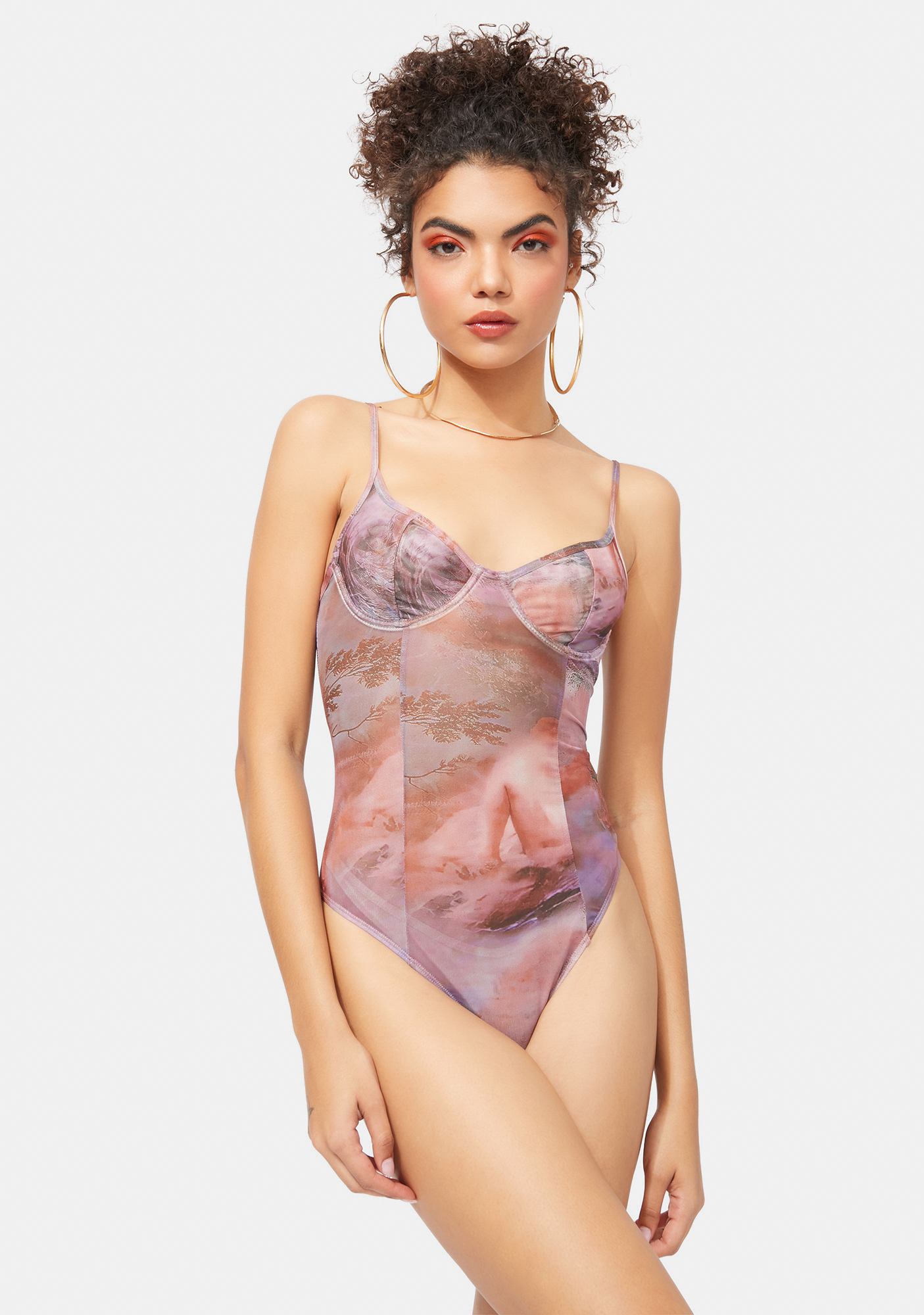 Mesh Renaissance Print Bodysuit Mauve/Brown Dolls Kill
