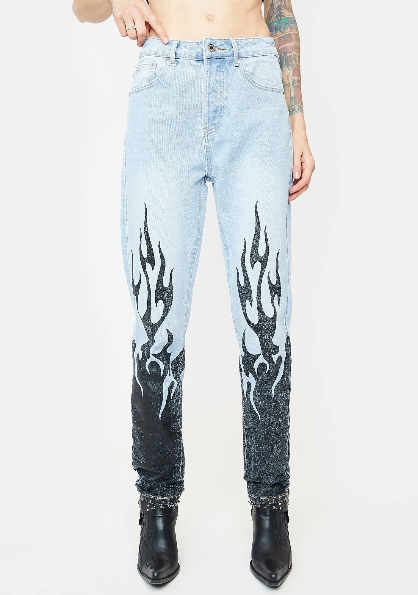 Edikted Fame Print Denim Jeans - Black/Blue | Dolls Kill