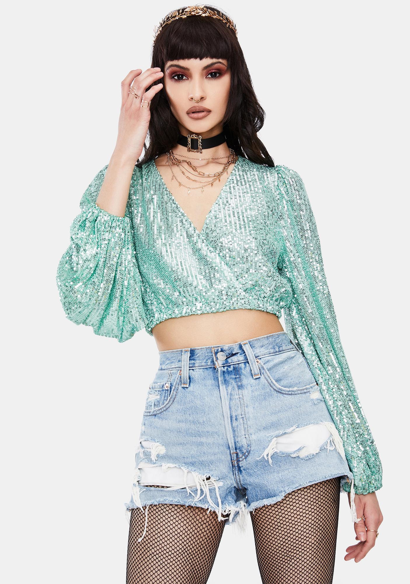 green sequin crop top