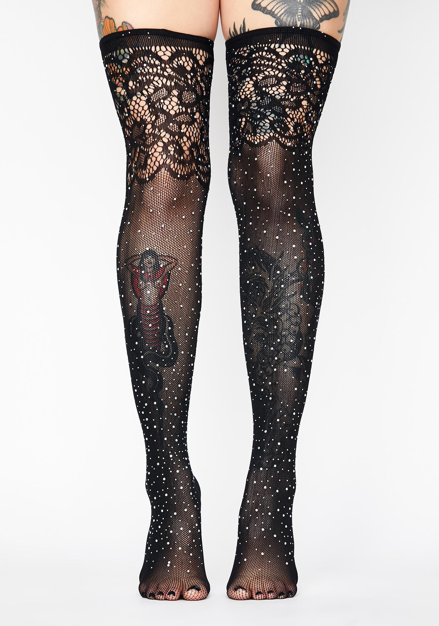 Rhinestone Lace Fishnet Thigh High Sheer Stockings Black | Dolls Kill
