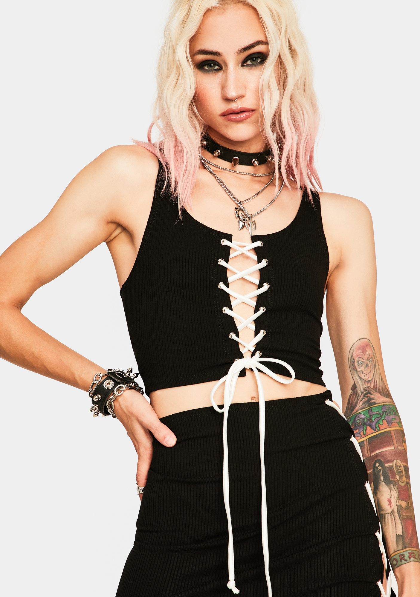 Contrast Lace Up Crop Tank Blackwhite Dolls Kill 7898