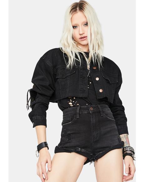 fringe denim jacket black