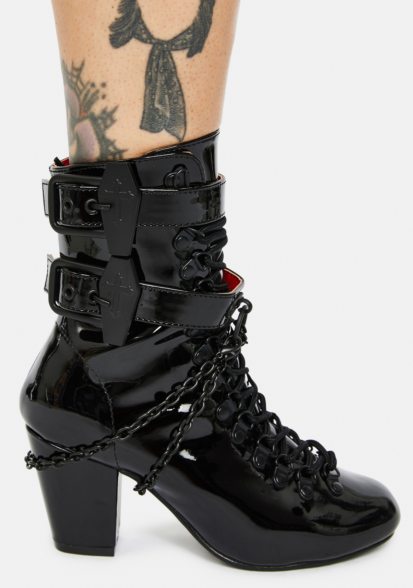 Demonia Vivika 128 Coffin Strap Chain Lace Up Boots - Black Patent ...