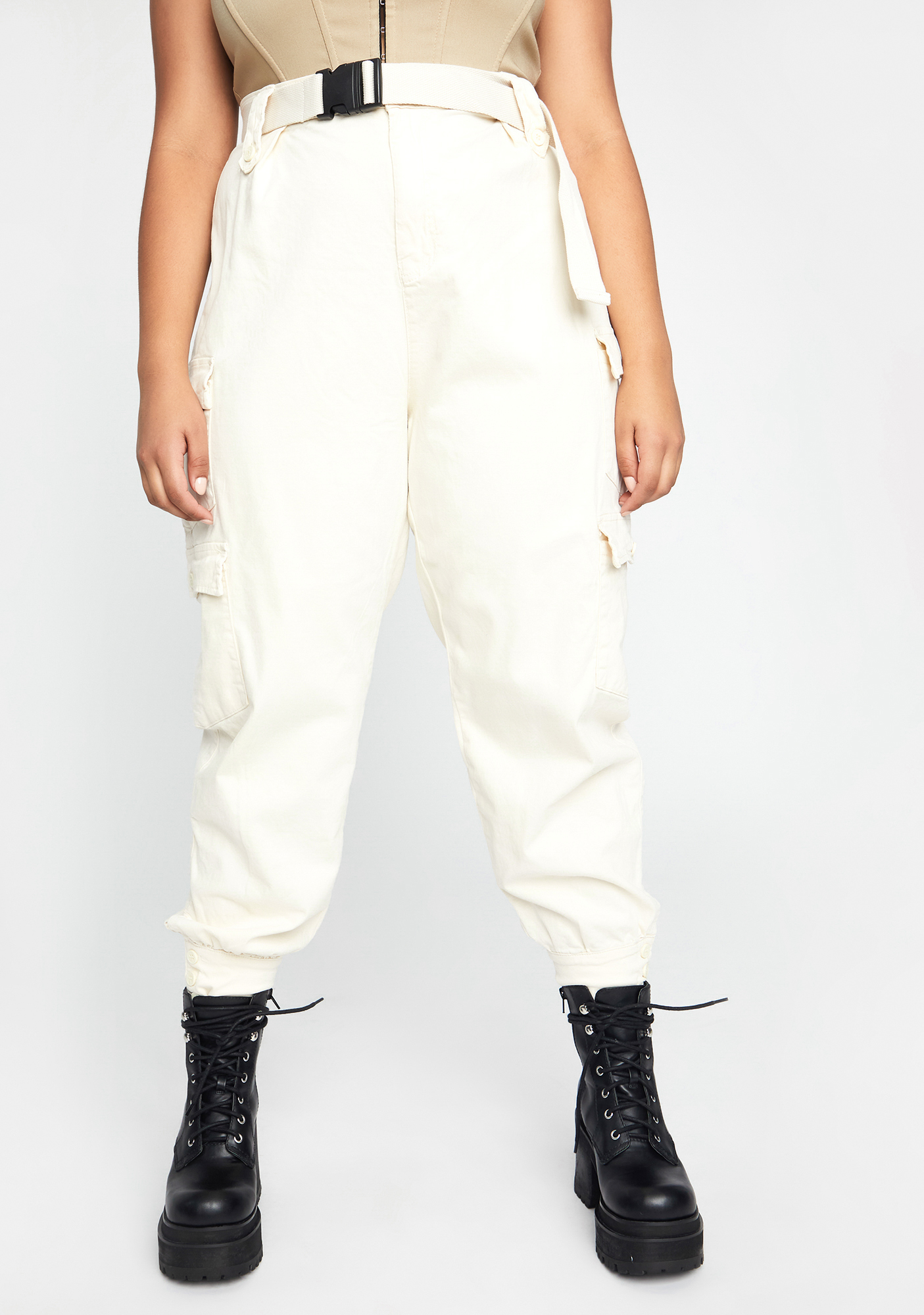 Plus Size Utility Cargo Pants With Buckle Belt Ivory Dolls Kill