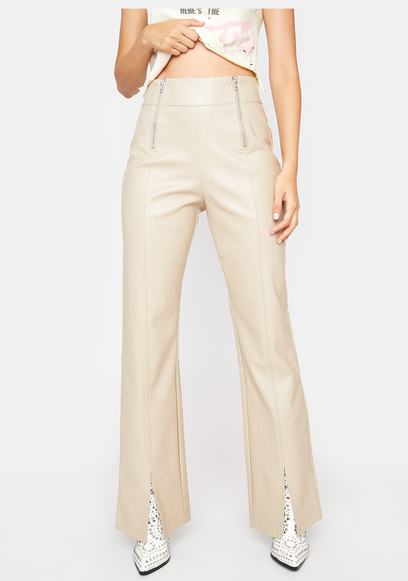 Vegan Leather Front Slit Pants Taupe Dolls Kill