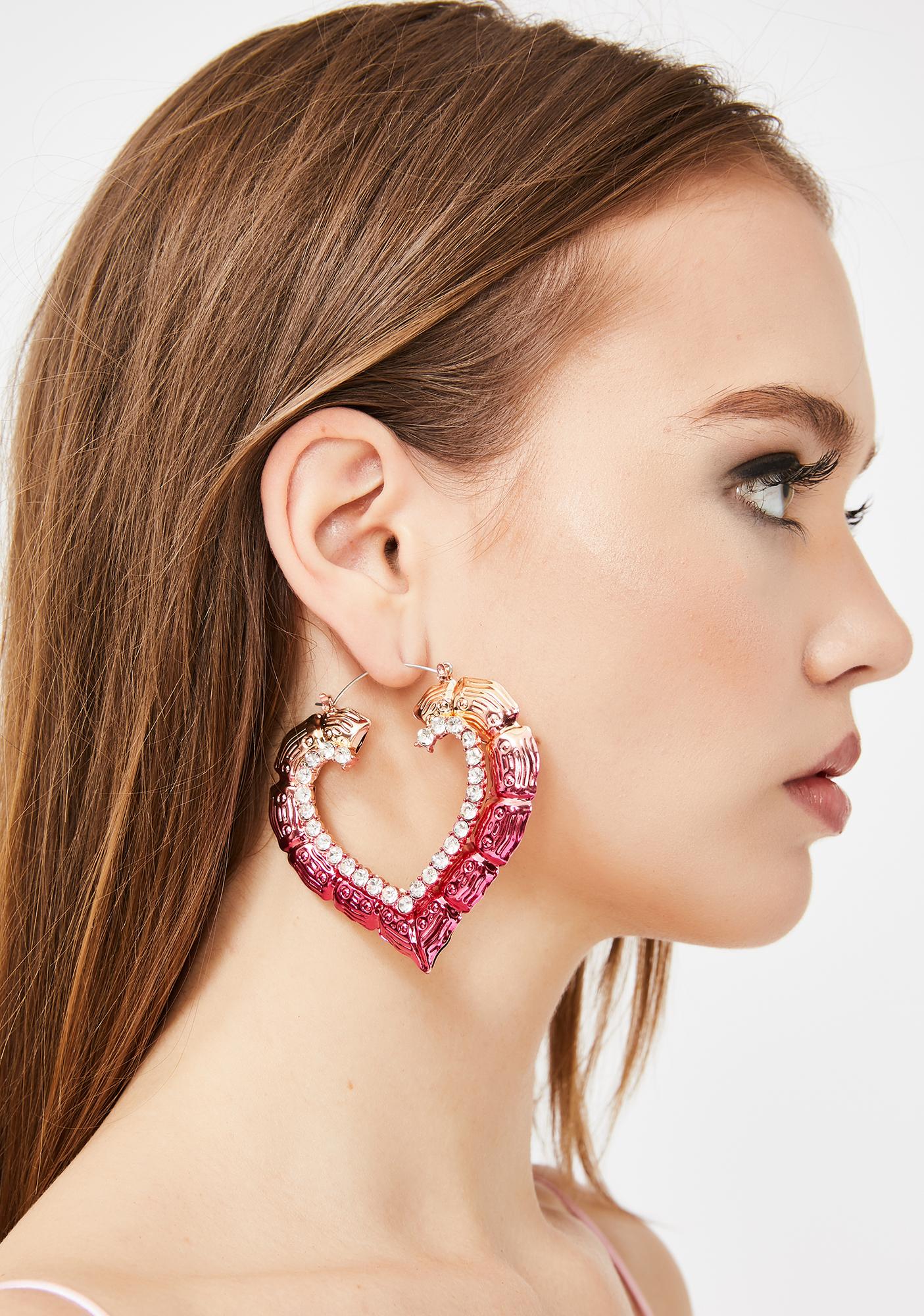 Heart Door Knocker Hoop Earrings Bamboo Rhinestone Pink Dolls Kill