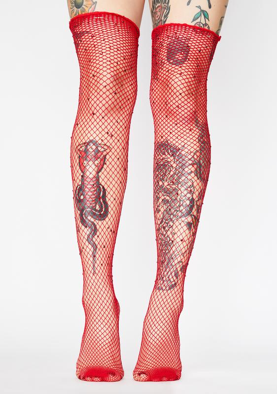 red fishnet thigh highs
