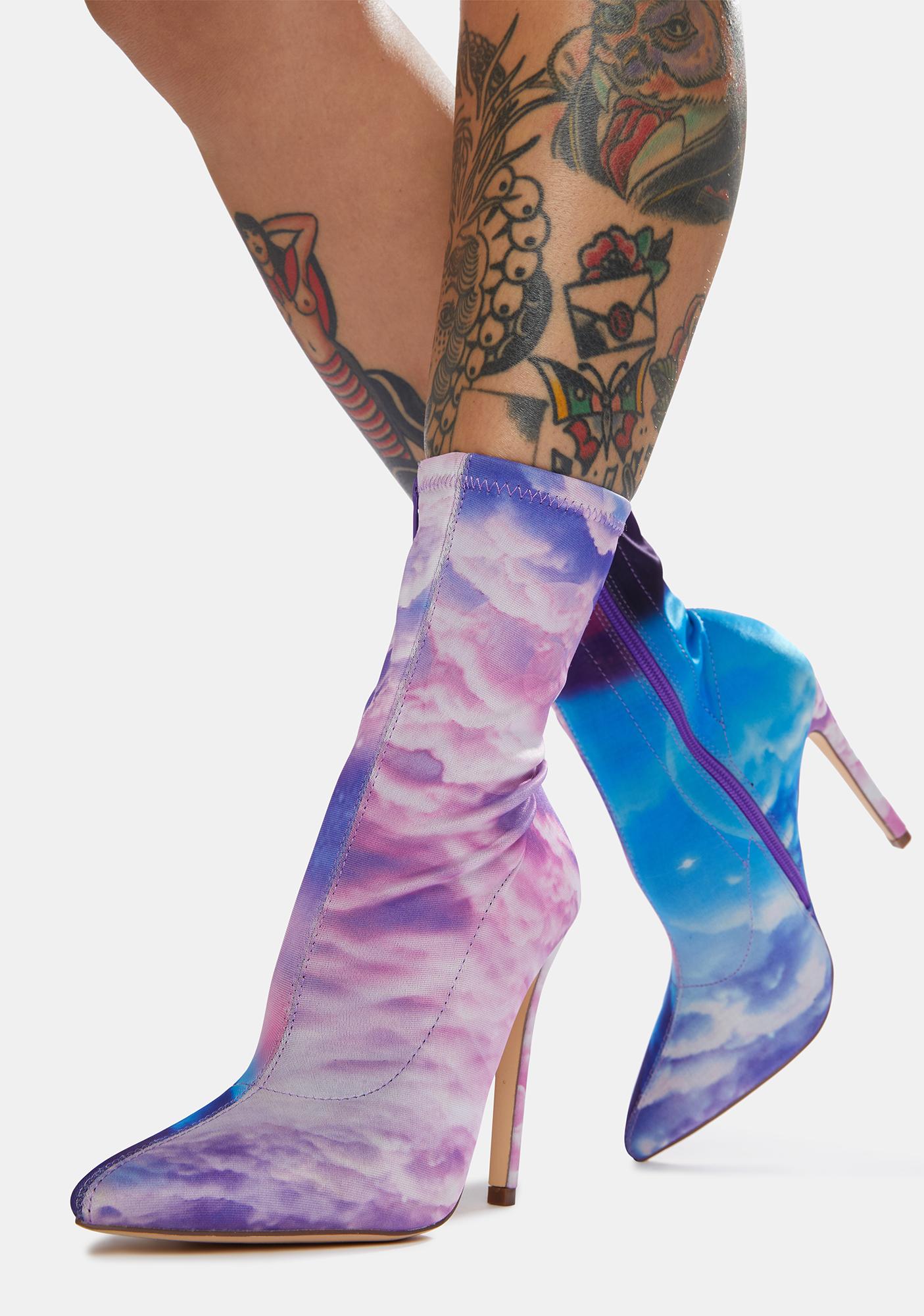 Celestial Cloud Sky Print Stiletto Ankle Boots - Purple | Dolls Kill