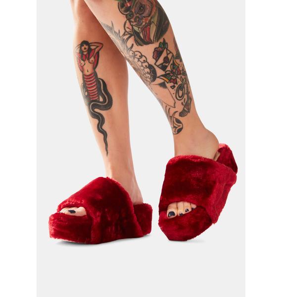 Faux Fur Platform Slipper Slides - Red | Dolls Kill