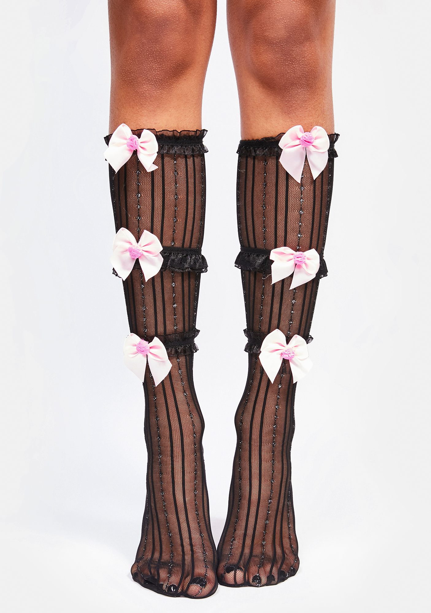 Sheer Mesh Ruffle Striped Bow Socks Black Pink Dolls Kill