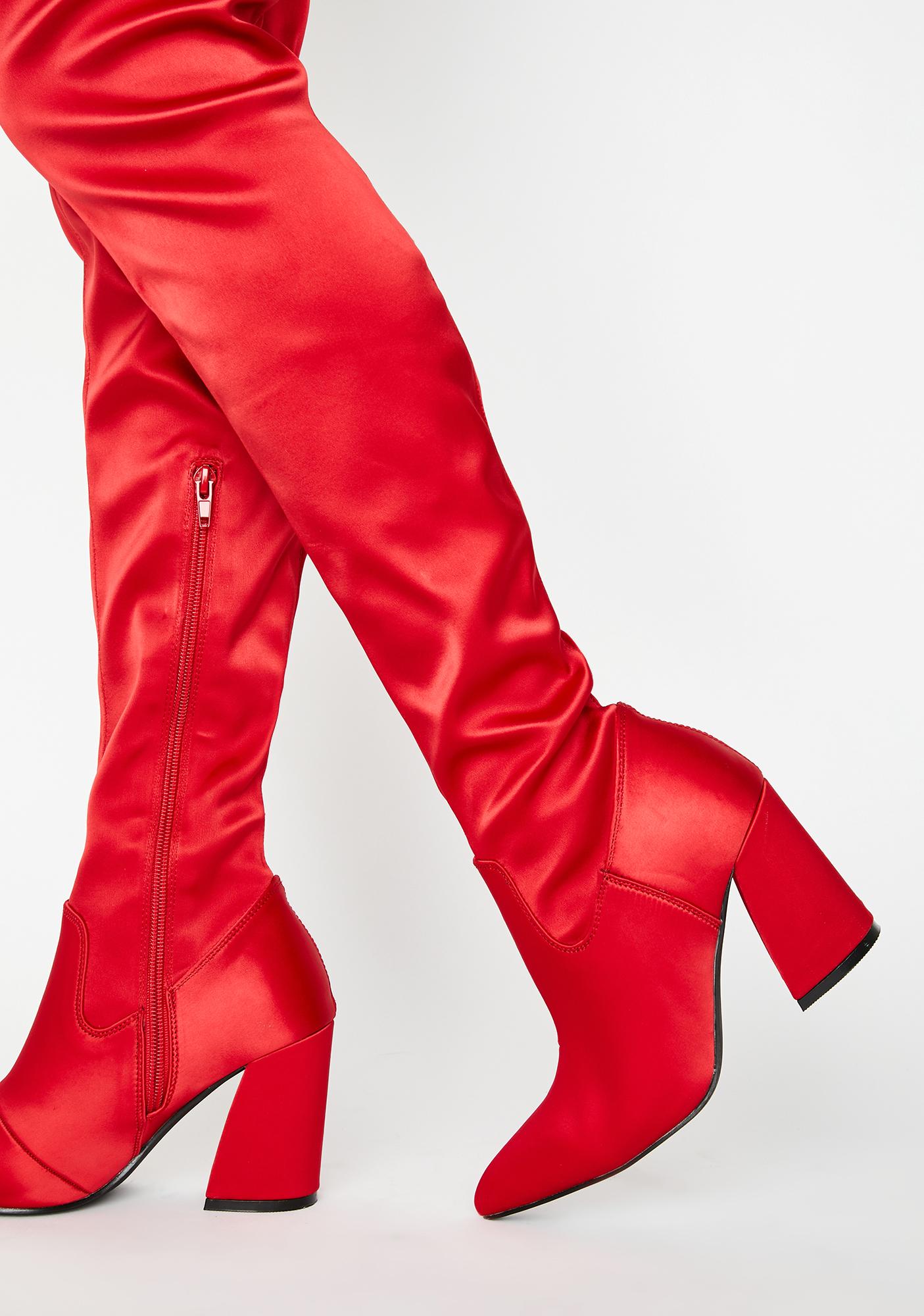 red satin thigh high boots