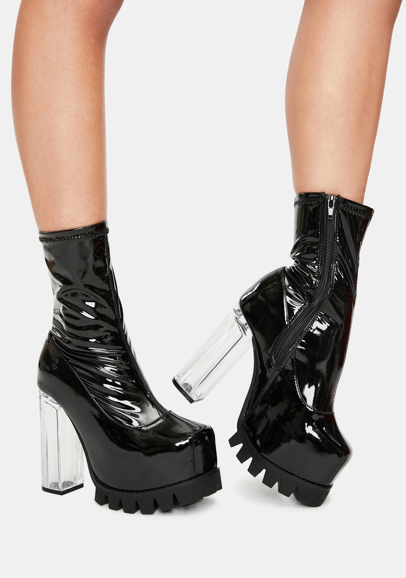 Darker Wavs Patent Platform Sock Boots With Clear Heels - Black | Dolls ...