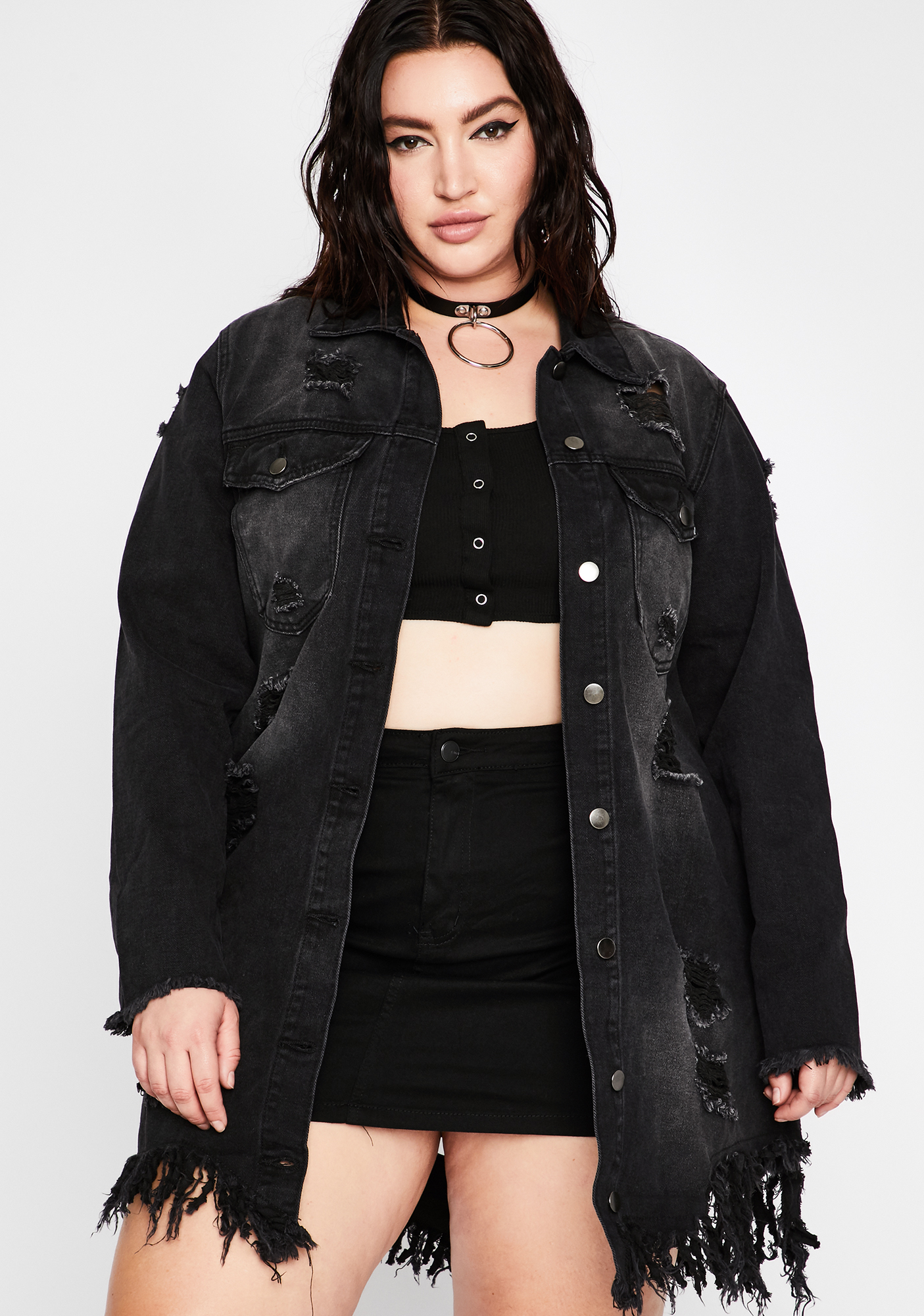 Plus Size Denim Jacket Ripped Shredded Black Dolls Kill