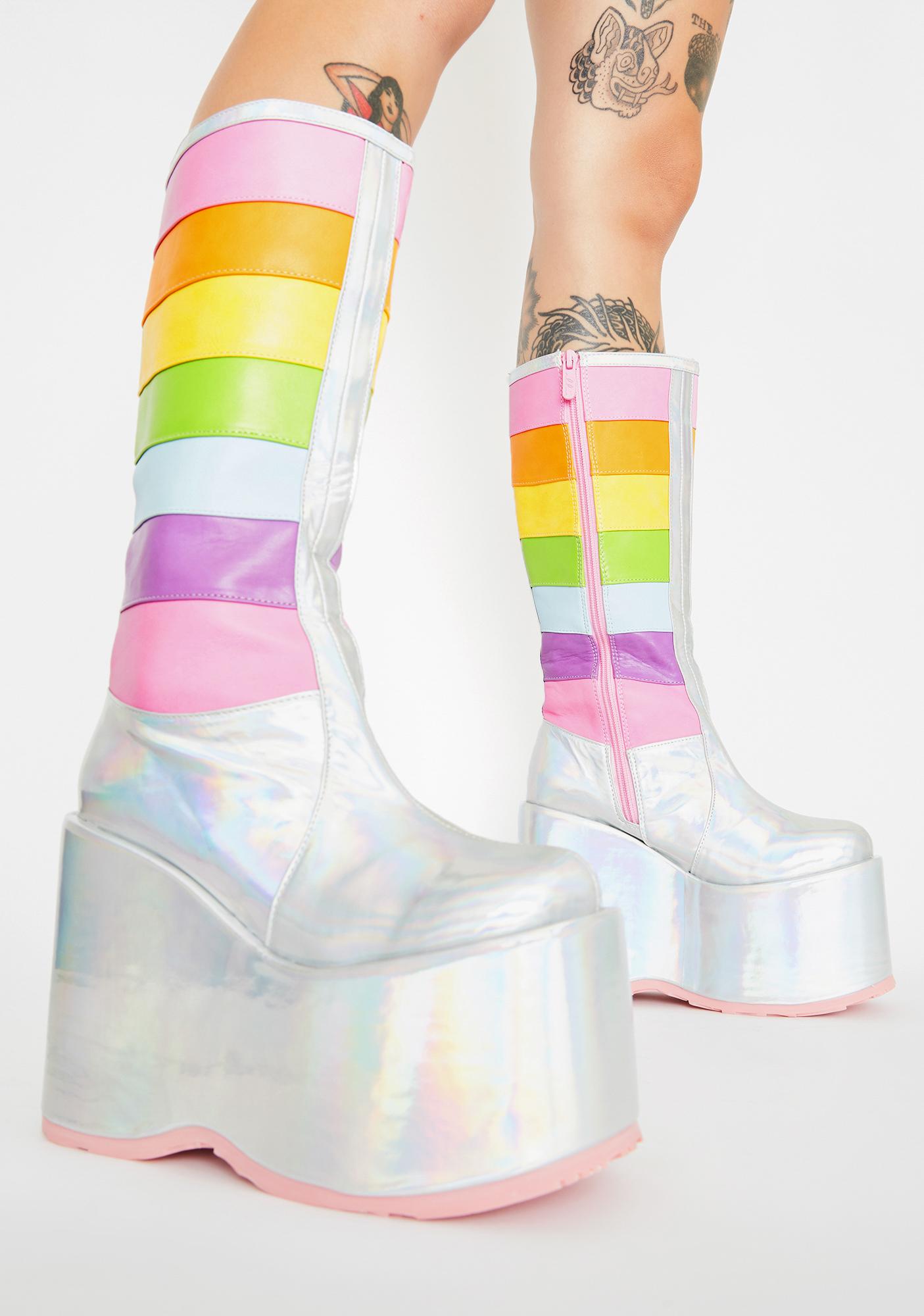 Rainbow Holographic Platform Boots Dolls Kill