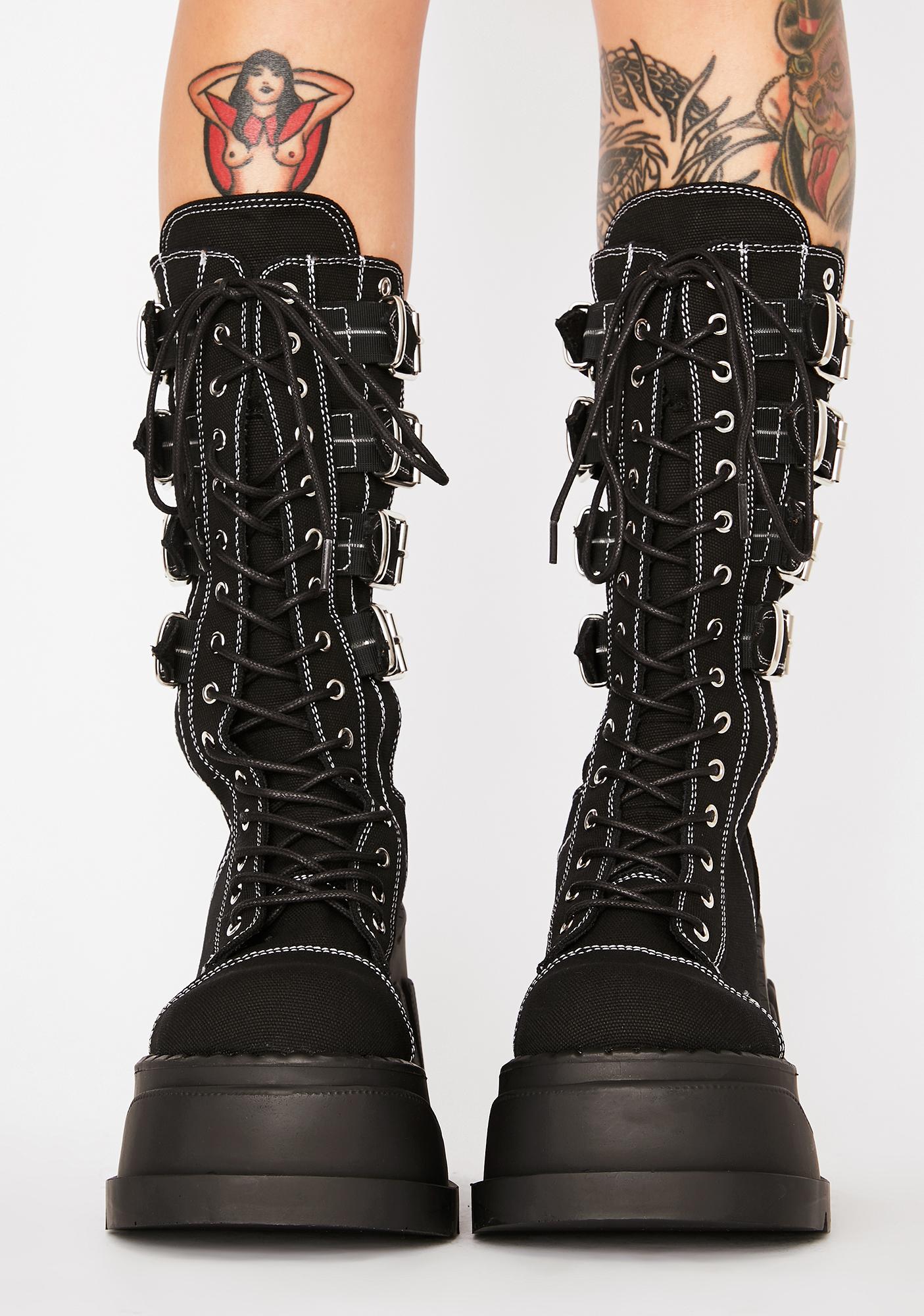 Demonia Stomp-210 Wedge Platform Lace-Up Open Back Buckle Mid-Calf ...