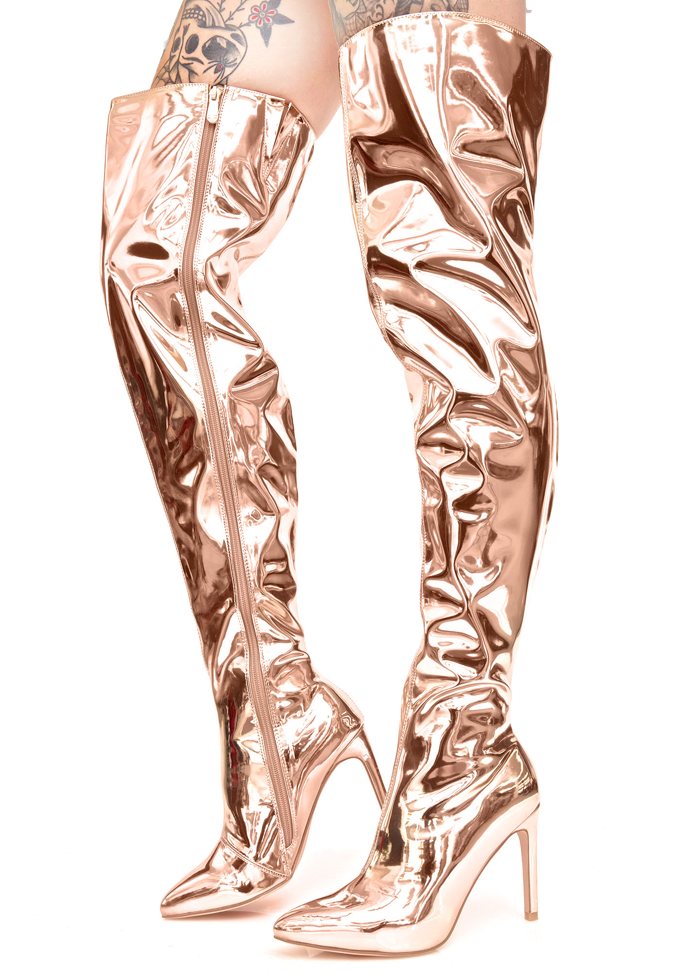 gold metallic thigh high boots